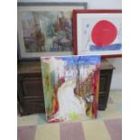 Three large pictures, "The portrait painter", an oil by Jim Bailey and two others