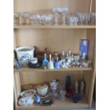 A collection of various china and glass including Portmeirion jardiniere etc, on three shelves