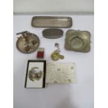 A hallmarked silver pin tray, silver lidded dressing table pot, Kigu cigarette case etc.