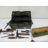 A collection of leather working tools, barrel knife etc.