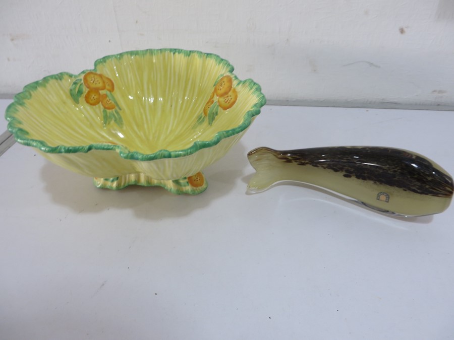 A Wedgwood paperweight in the form of a whale and a Crown Ducal floral patterned bowl