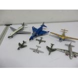 A collection of Dinky diecast planes including Viking, Messerschmitt, Caravelle SE 210, Phantom II