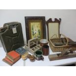 A collection of miscellaneous items including jerry can, wooden ware, book,s mirror A/F, wood plane,