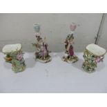 A pair of Meissen candlesticks with figures of a lady and a man A/F along with a pair of floral