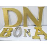 A collection of vintage gilded and chrome letters, largest height approx 56cm