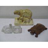 A plaster figure group of a polar bear and cub, moulded glass salt with dog finial and a carved