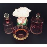 3 pieces of cranberry glass along with a Mdina glass vase.