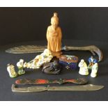 A collection of mainly Oriental items including a signed wooden netsuke of a mermaid, miniature