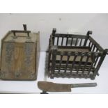 A cast iron fire basket along with a coal scuttle ( A/F) and a machete