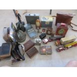 A collection of miscellaneous items including diecast, binoculars, figures, playing cards, toys etc