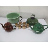A small collection of enamelled ware including industrial light, tea pots etc.