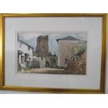 A watercolour of a town scene with a Church in background signed Edward Wesson, 58cm x 76 cm