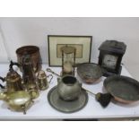 A collection of metalware, brass hour timer, clock/jewellery box silver plated items etc.