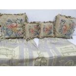 Four French style tapestry cushions along with a pair of Arc Collection curtains, approx 225cm