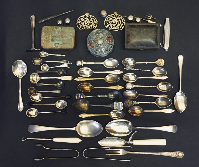 Two hallmarked silver spoons, silver salt spoons, silver fish slice along with quantity of various