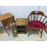 A captains chair, coffee table, sewing box along with brass companion set