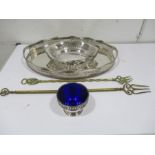 An oval silver plated tray, sugar bowl, toasting forks etc.