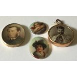 Two hand painted porcelain miniatures along with one other and a double sided royal photograph in