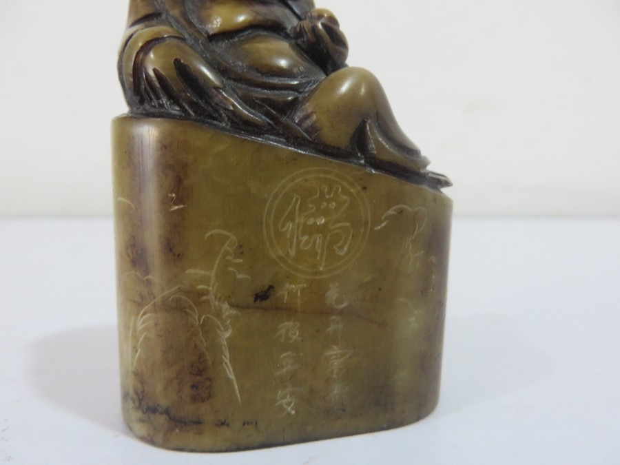 A Chinese inscribed soapstone seal with a figure of buddah - Approx 7.8cm height - Image 9 of 13