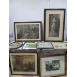 A collection of prints including a portrait of young Victoria in gilt frame with Royal crest above