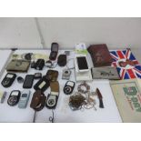 A quantity of various exposure meters, costume jewellery, coins, mobile phones, book etc