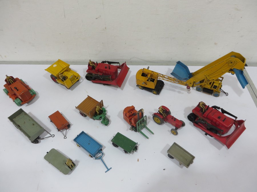 A collection of dinky toys and supertoys including Heavy Tractor, Blaw Knox Bulldozer, Muir-Hill