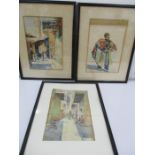 Three watercolours signed R A Hayrapetian, Studio Demon, two views of Tehran street scenes along