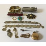 A collection of costume jewellery, gold filled sovereign case, penknives etc