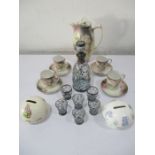 A handpainted Bavarian part coffee set along with a liqueur set and 2 moneyboxes