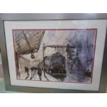 A watercolour of a steam train in a station signed Steve Hall, 68cm x 89 cm
