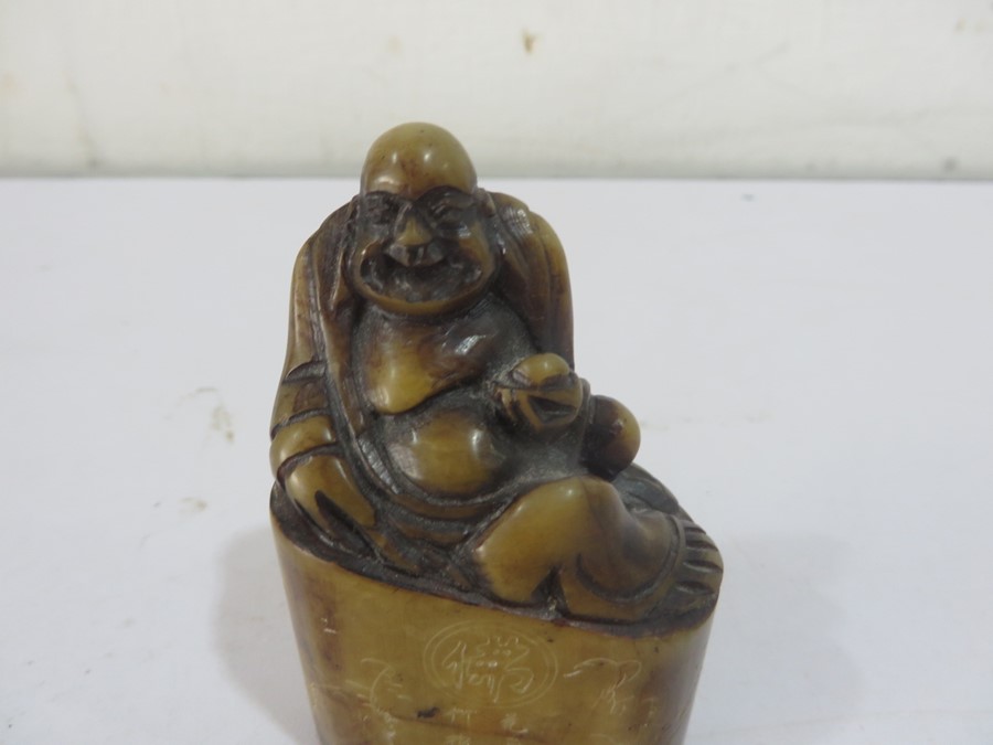 A Chinese inscribed soapstone seal with a figure of buddah - Approx 7.8cm height - Image 2 of 13