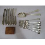 A set of silver handled knives, silver plated cutlery along with a treen cigarette box