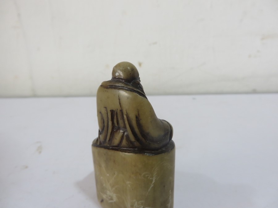 A Chinese inscribed soapstone seal with a figure of buddah - Approx 7.8cm height - Image 6 of 13