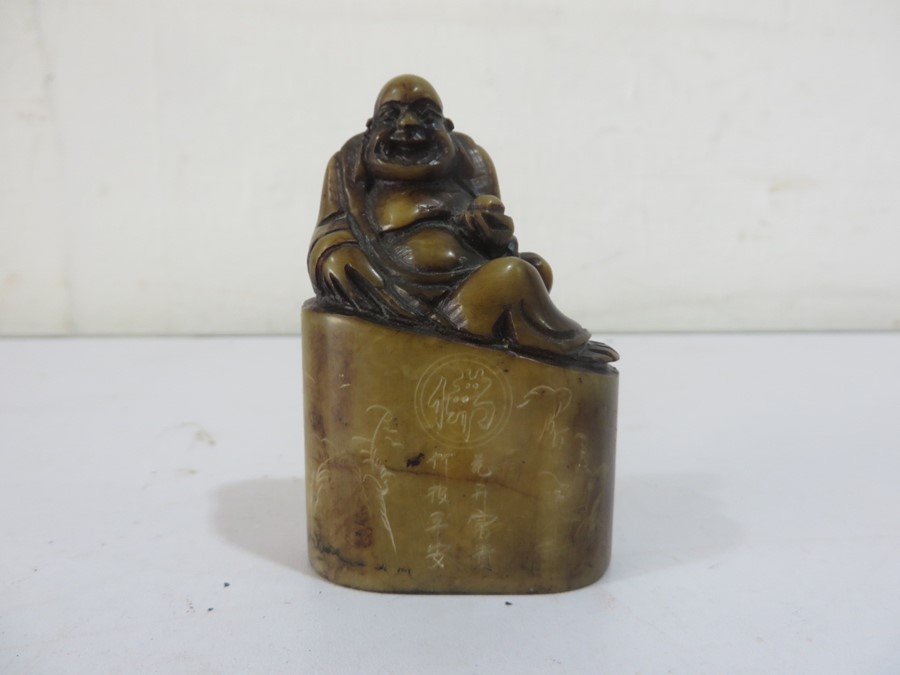 A Chinese inscribed soapstone seal with a figure of buddah - Approx 7.8cm height