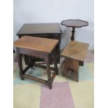 An oak joint stool, elm stool, nest of table and a wine table