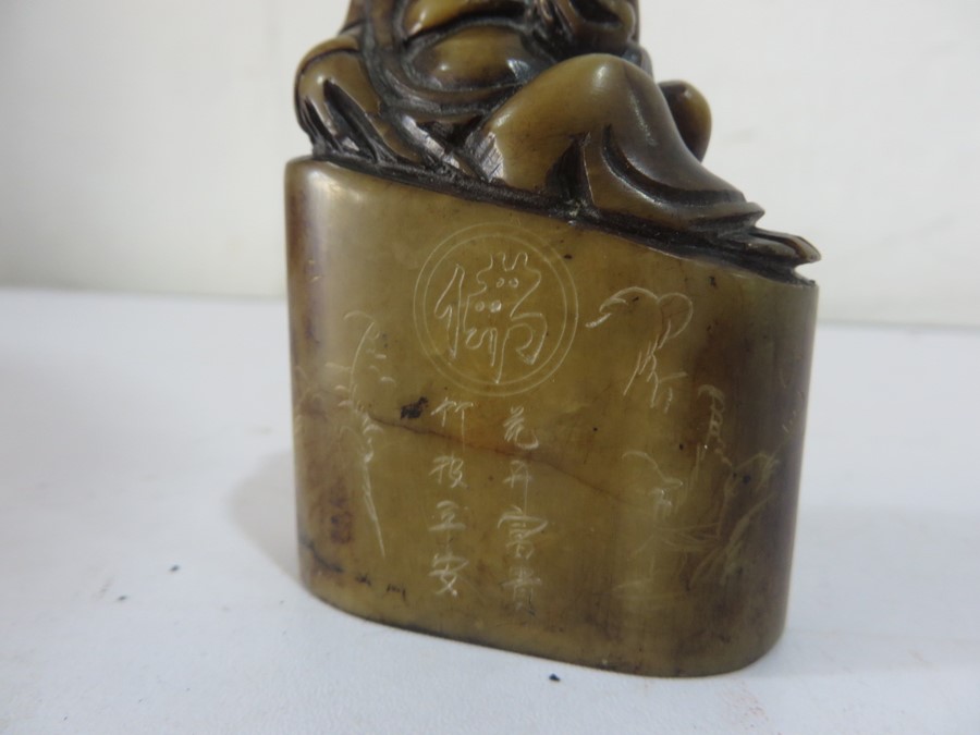 A Chinese inscribed soapstone seal with a figure of buddah - Approx 7.8cm height - Image 3 of 13