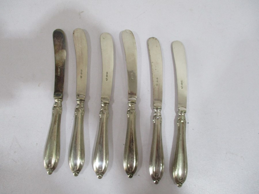 A set of silver handled knives, silver plated cutlery along with a treen cigarette box - Image 4 of 7