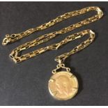 A George V half sovereign (South Africa mint) dated 1925 in 9ct mount on chain. Total weight 10.5g