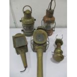 A collection of brass and copper lanterns etc.