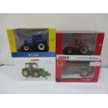 Three model tractors including Wiking, Universal Hobbies New Holland, Case IH and a Britains NC