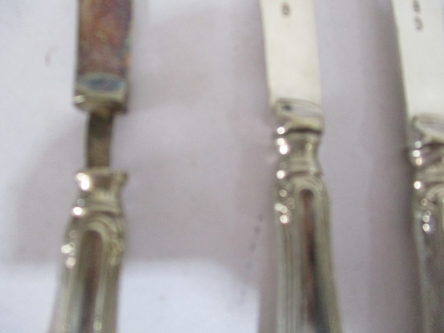 A set of silver handled knives, silver plated cutlery along with a treen cigarette box - Image 5 of 7