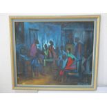 A large acrylic/oil on board titled "Family Meeting" by Kolade Oshinowo ( Nigerian artist b.1948)