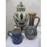 A Doulton Lambeth ewer by Florence Barlow ( handle repaired) along with a glass vase and lid