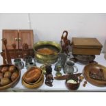 A collection of wood and metal ware etc. in two boxes