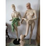 Two vintage mannequins and one mannequin style head