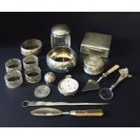 A collection of silver and silver plate items including a cigarette box, SCM bangles etc.
