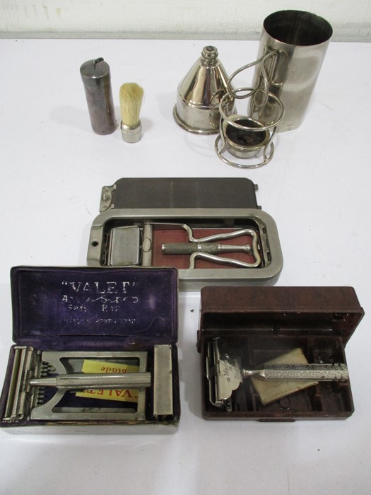 Various razors, shaving brush etc.