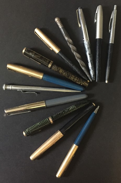 A collection of vintage Parker and other pens and pencils, some with 14ct gold nibs.