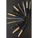 A collection of vintage Parker and other pens and pencils, some with 14ct gold nibs.