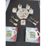 Various boxed Wade Whimsies, keyrings along with Coronation St. tea bag tidy ( x2)